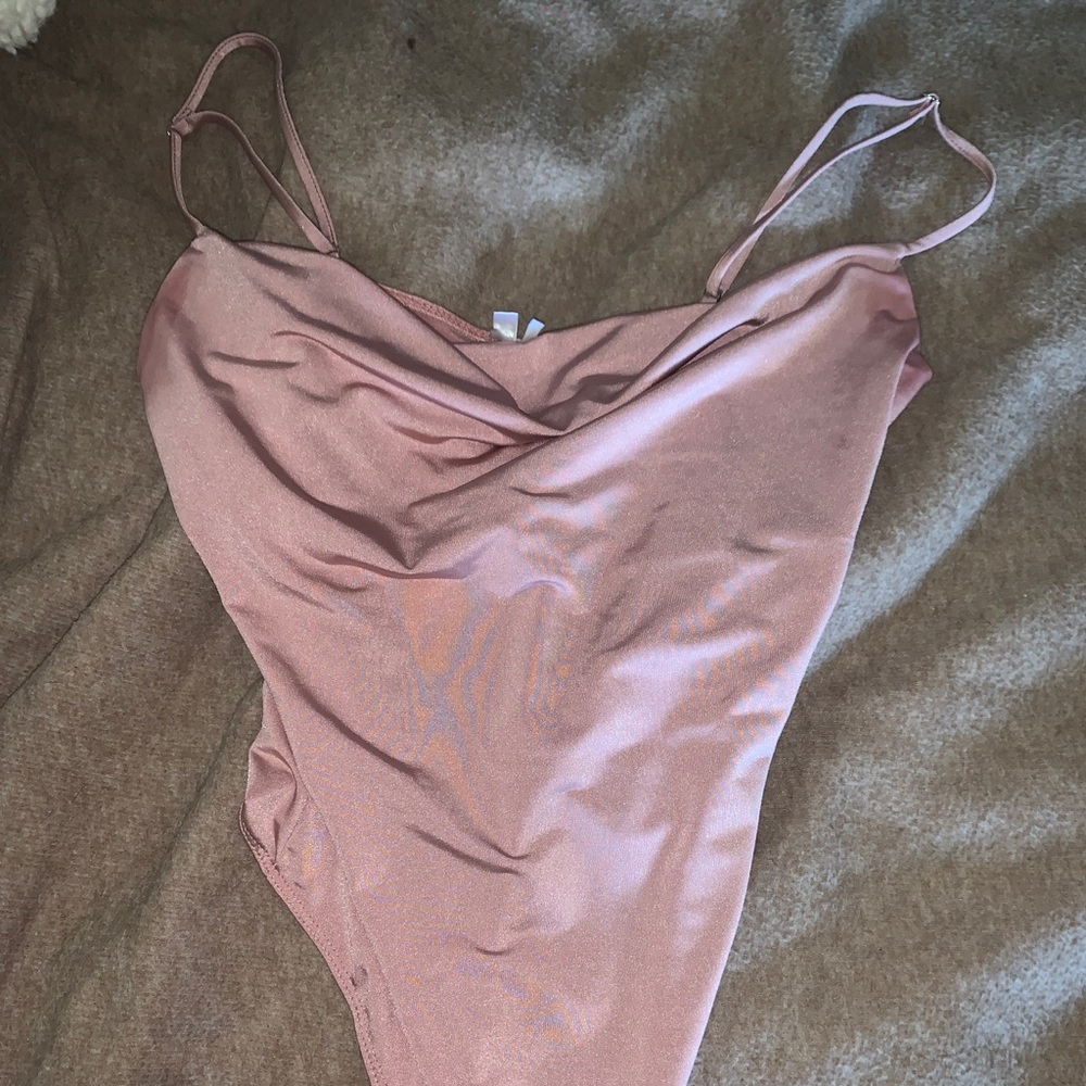 silk blush cowel neck body suit